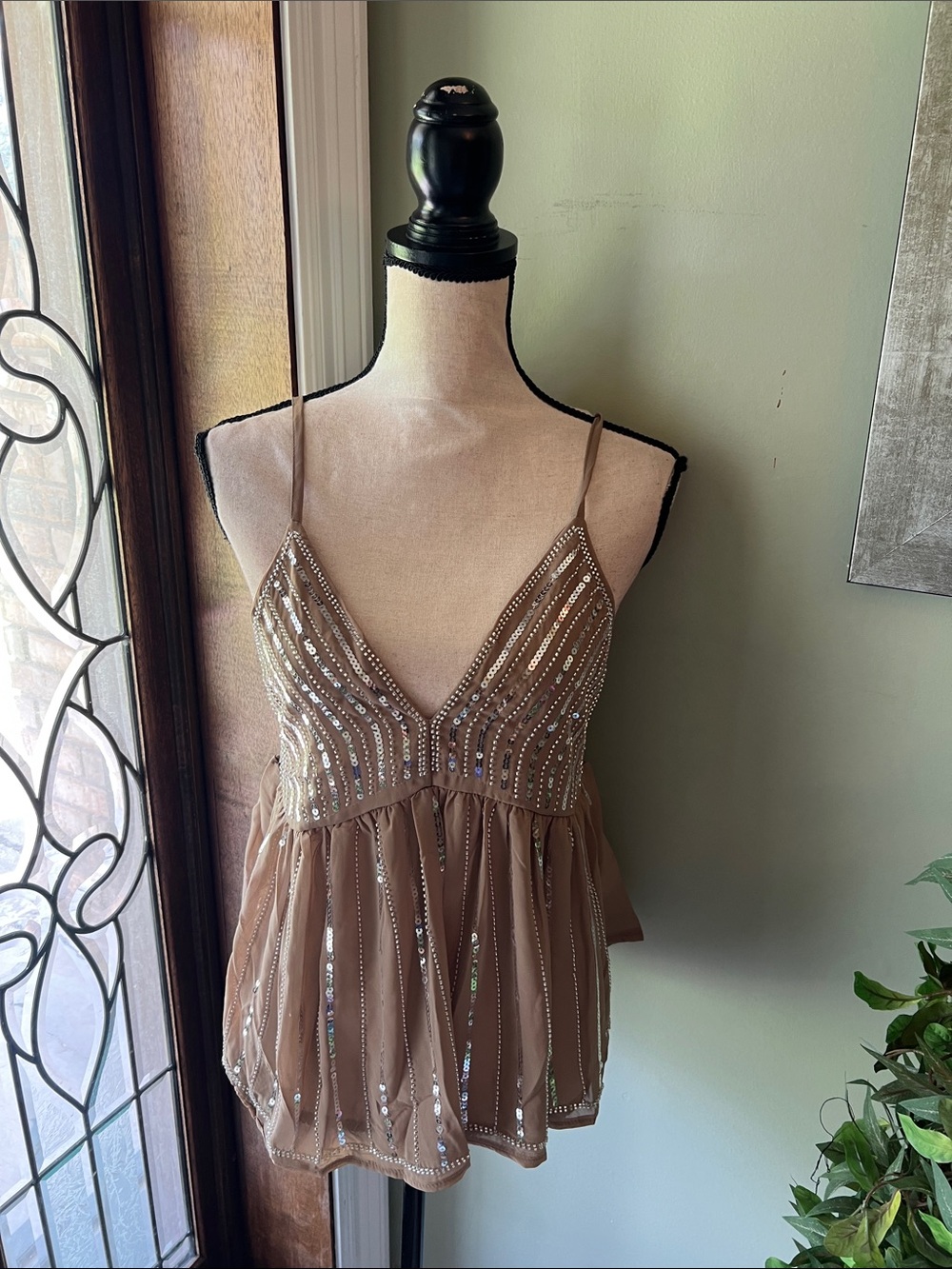 Women’s Embellished Spaghetti Strap Camisole Top - Tan